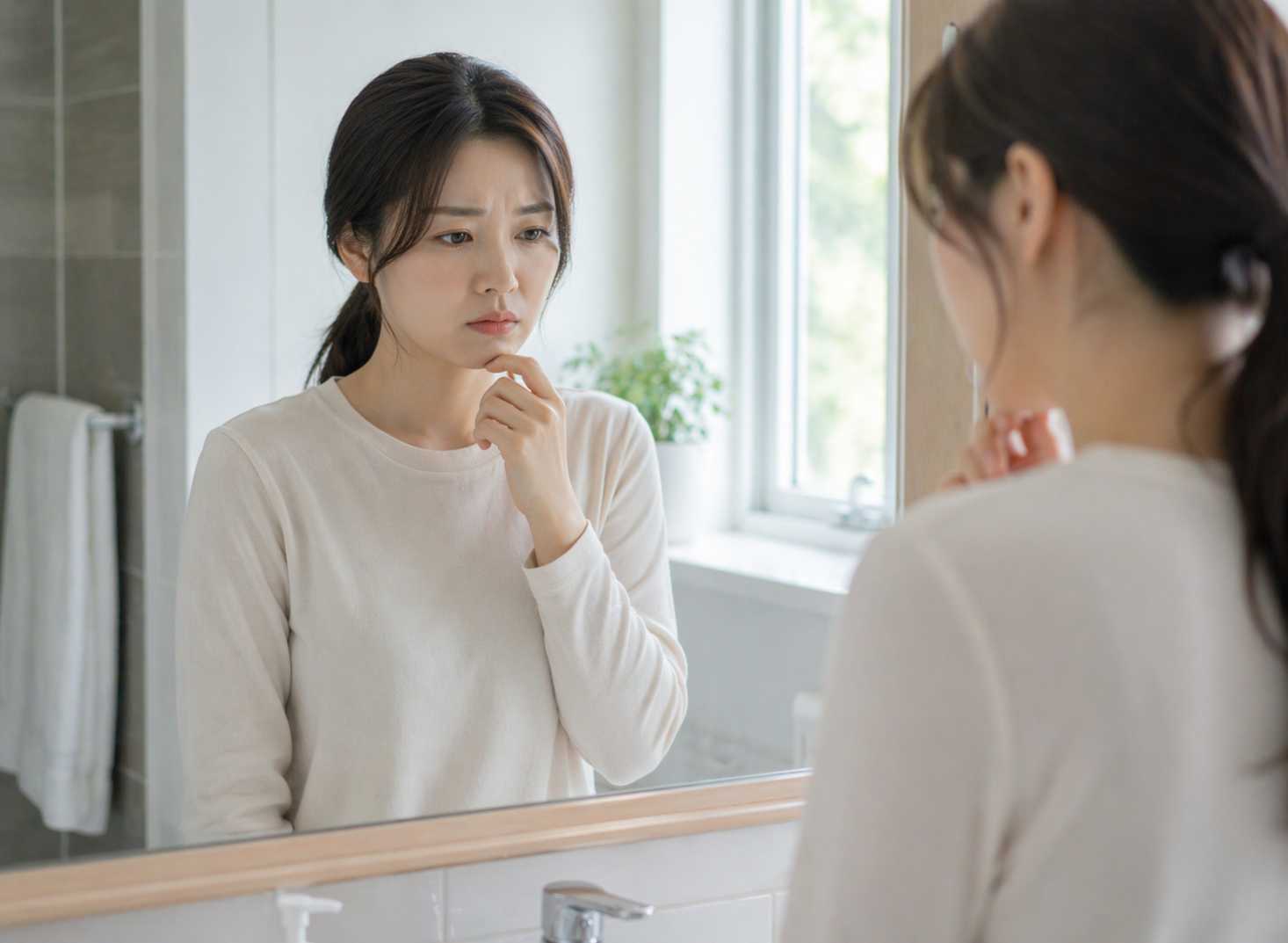 화장실에서 소변 색을 확인한 뒤 잠시 생각하는 모습