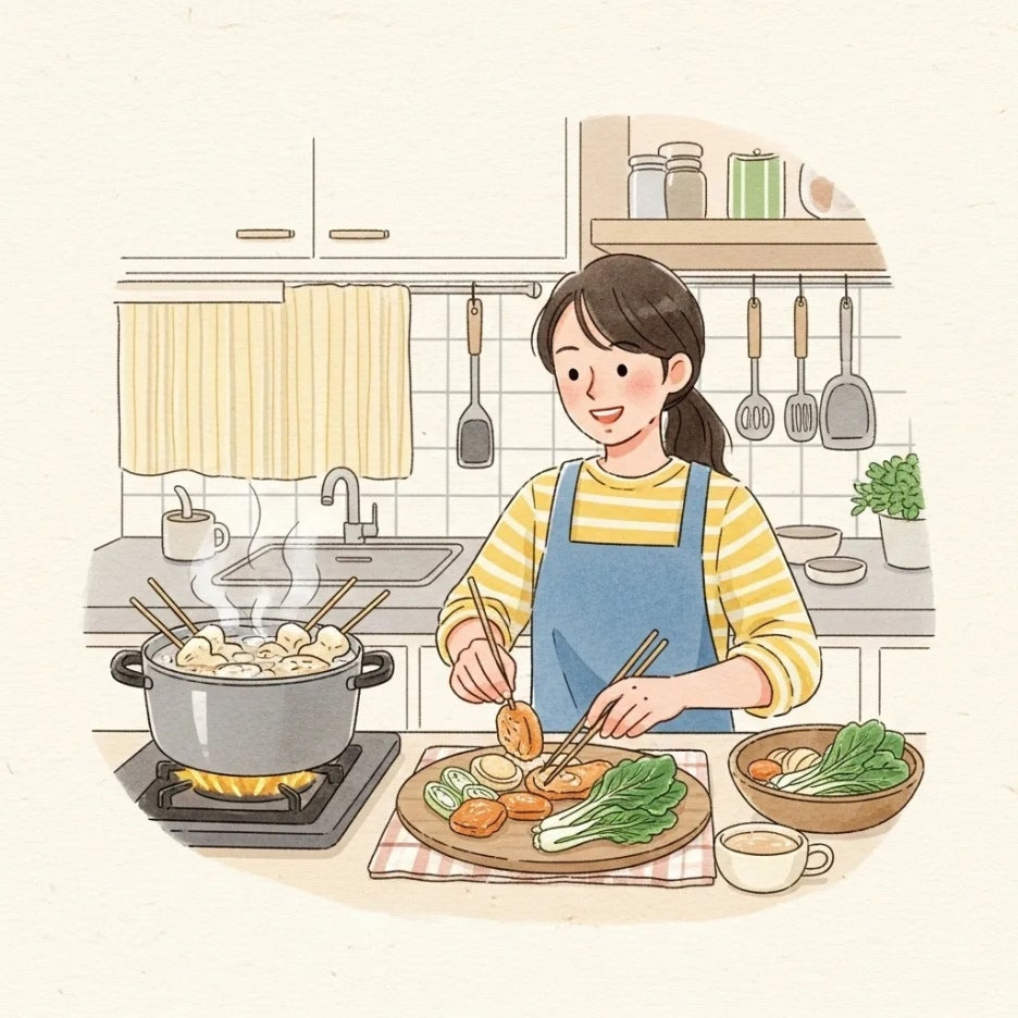 집에서 어묵 요리를 하는 즐거운 모습