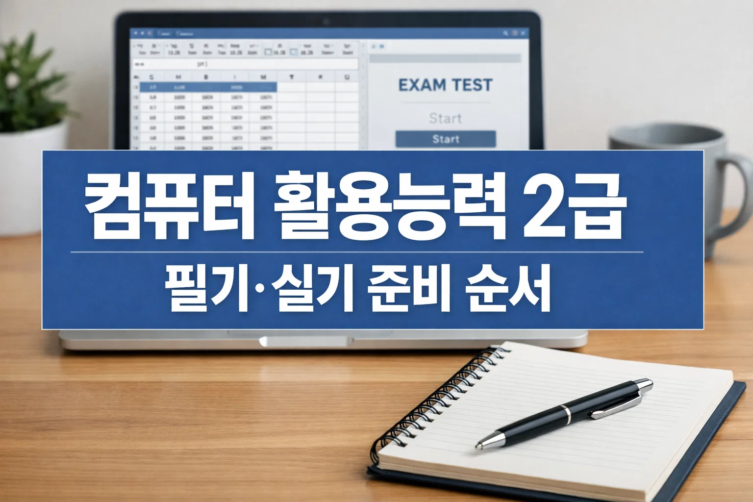 컴퓨터 활용능력 2급 필기·실기 준비 순서를 한눈에 보고 전체 학습 흐름과 시험 대비 방향을 잡도록 보여주는 썸네일 이미지