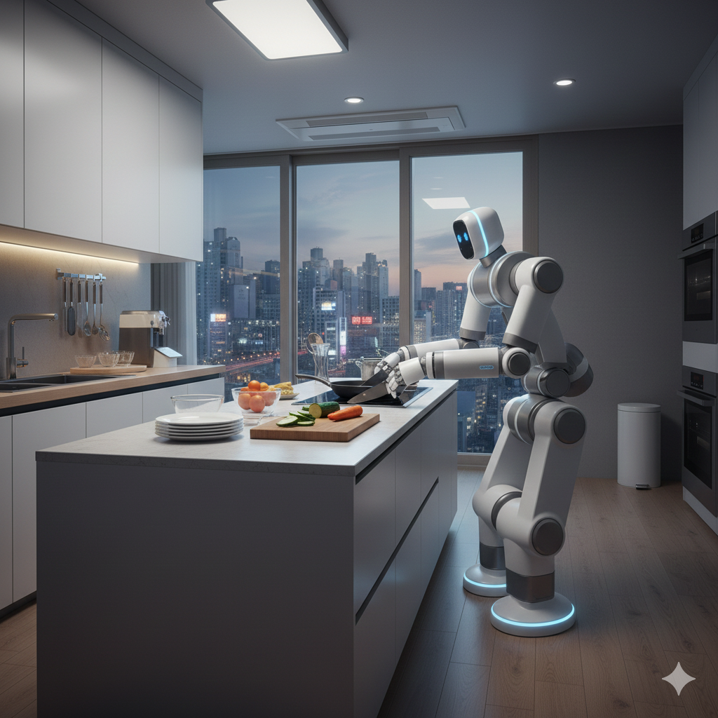 미래형 주방에서 인간형 로봇이 저녁 요리를 준비하며 프라이팬을 들고 있다. 창밖으로는 도시 야경이 펼쳐져 있고, 로봇의 눈과 몸에 푸른 LED가 빛난다.