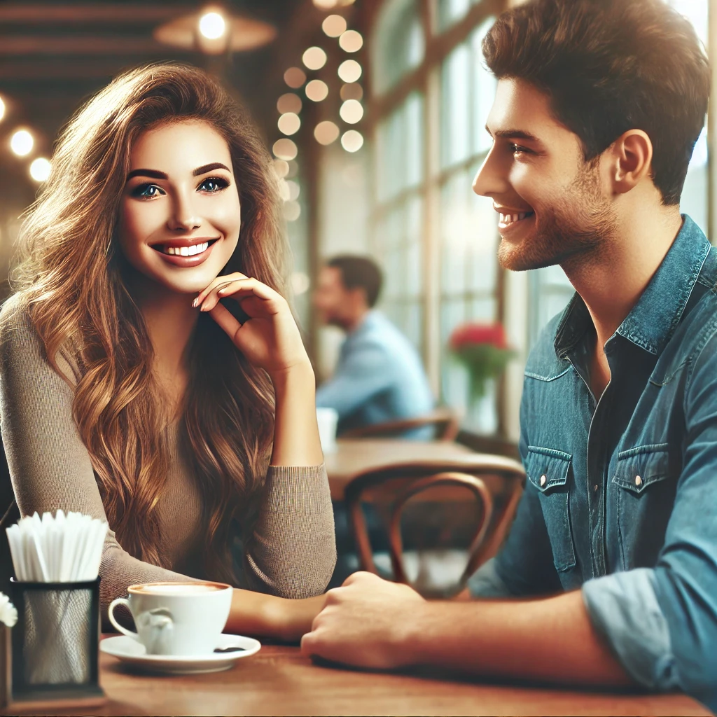 카페에서 첫 만남을 가지는 젊은 커플이 활발하게 대화하는 모습