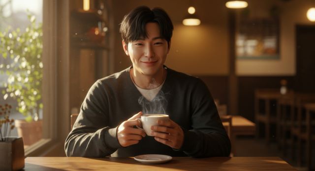 카페에서 커피를 마시며 마음을 진정시키는 한국인 남성