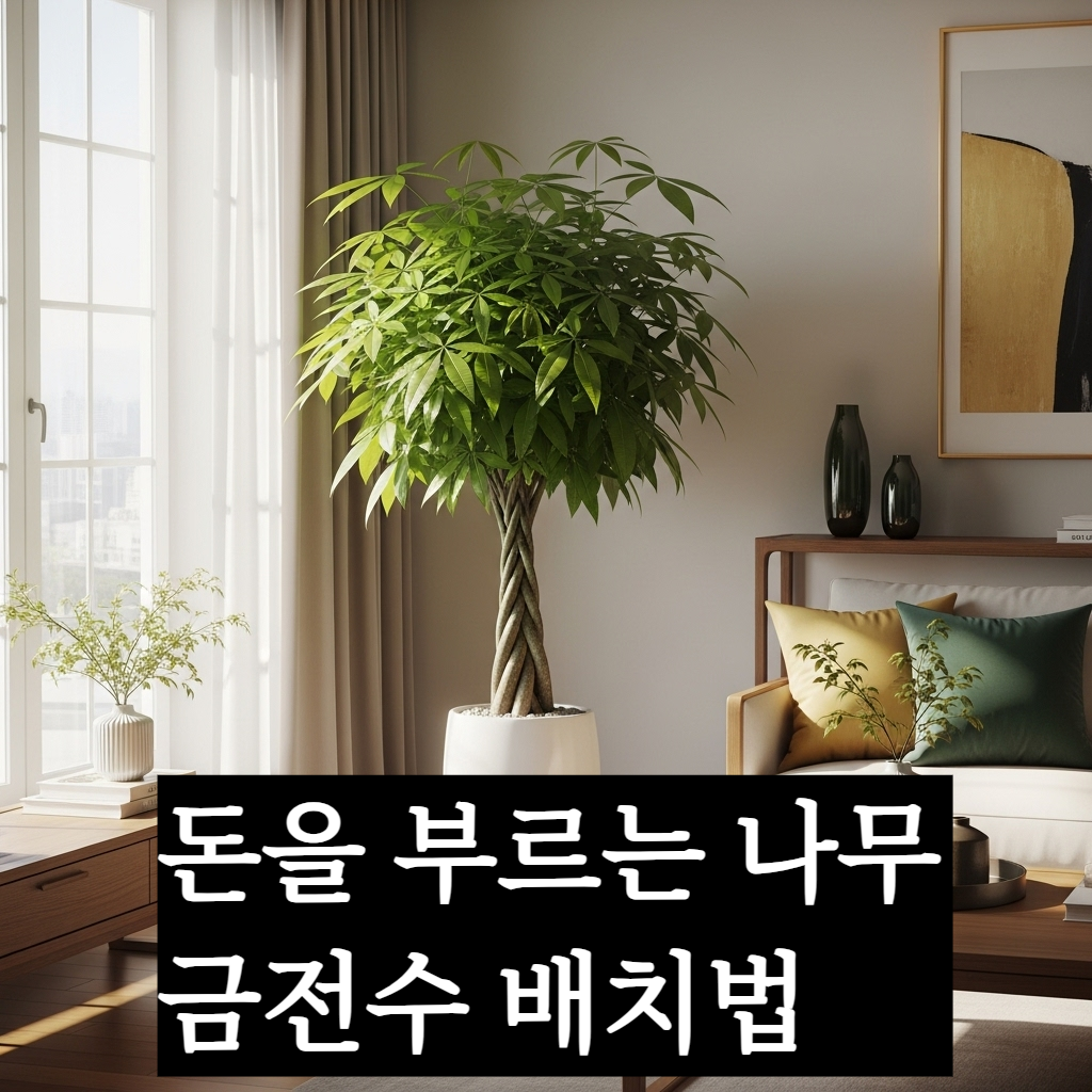 재물운을 높이는 현대적인 거실 금전수(돈나무) 인테리어와 화분 배치 예시