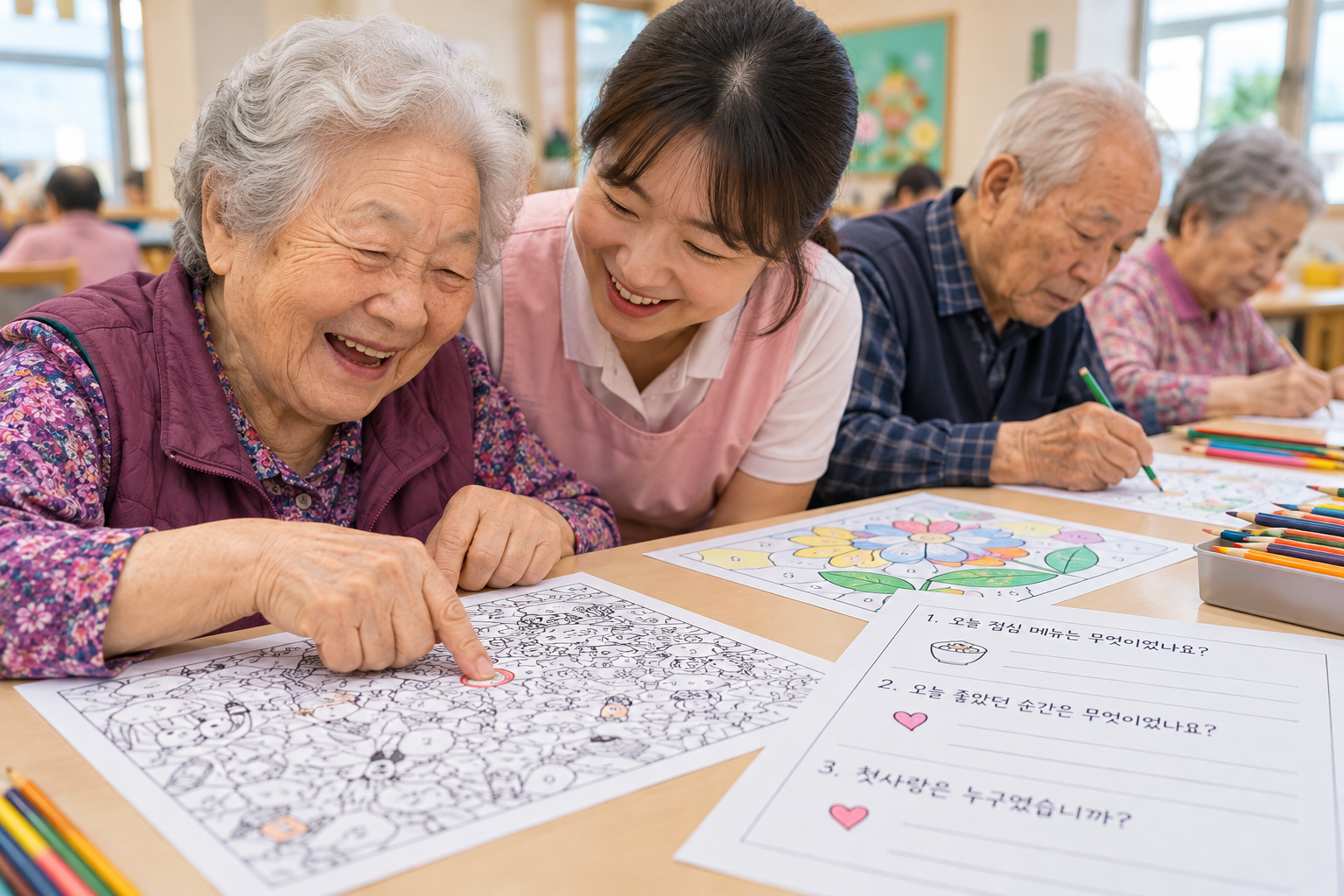 주야간보호센터 인지수업 시간에 어르신들이 요양보호사와 함께 숨은그림찾기와 색칠 활동을 하며 즐거워하는 모습