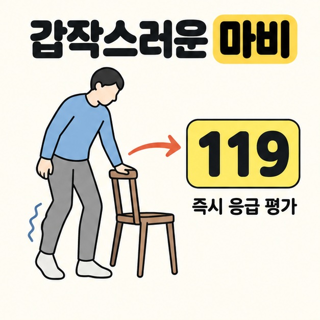 한쪽 다리가 불편해 의자를 짚은 사람 옆에 119와 즉시 응급 평가 문구를 배치한 갑작스러운 마비 대응 안내