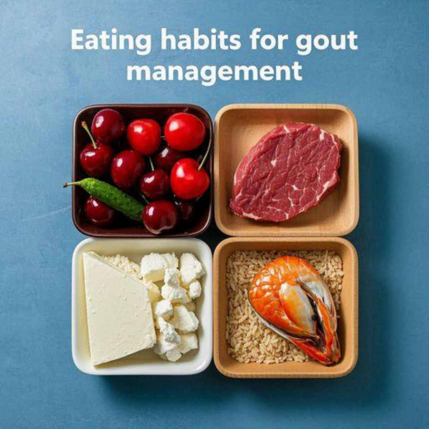 건강한 식탁 위에 통풍에 좋은 음식들(체리, 채소, 저지방 유제품, 현미)이 왼쪽에 배치되고, 피해야 할 음식들(붉은 고기, 해산물, 맥주)이 오른쪽에 명확히 구분되어 있는 밝고 선명한 사진