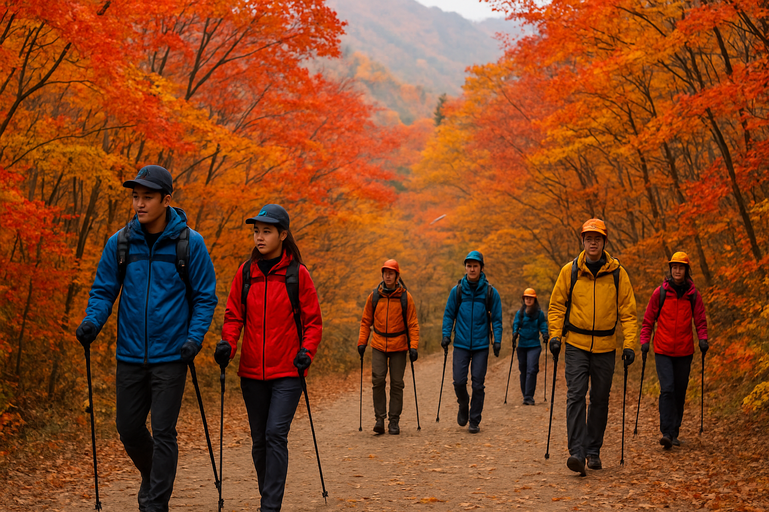 단풍 산행길의 등산객들