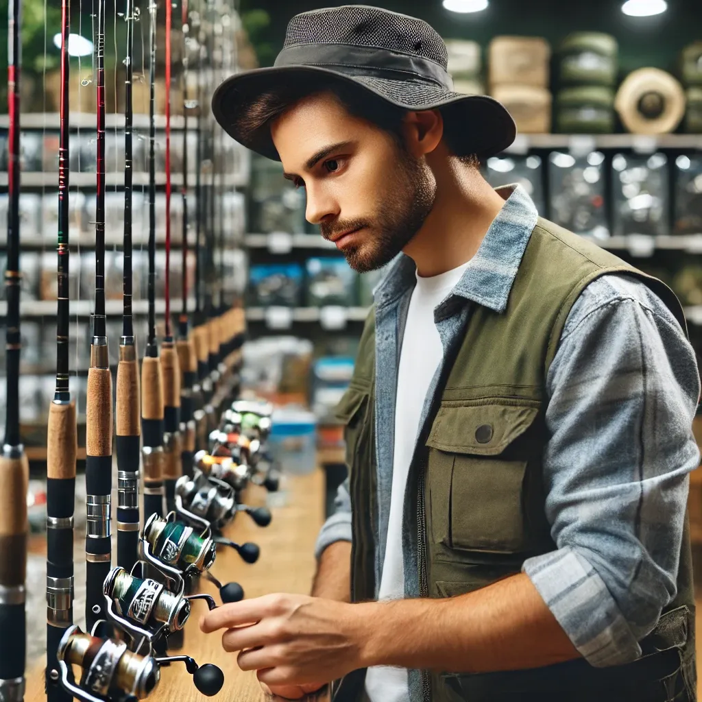 낚시꾼이 낚싯대를 신중하게 선택하는 모습