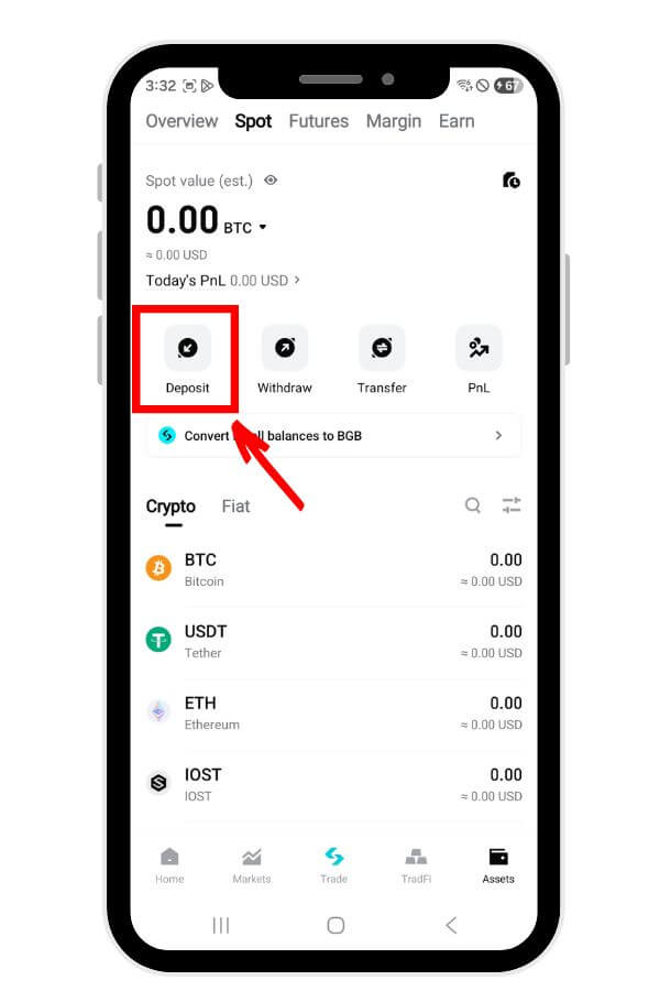 비트겟의 Assets 탭을 누르면 보이는 창, 입금 버튼을 가리키고 있다.