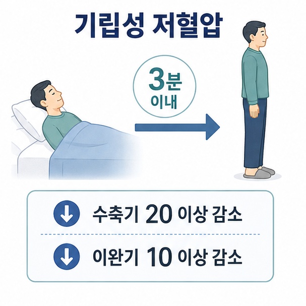 누웠다가 일어난 뒤 3분 이내 수축기혈압 20mmHg 이상 또는 이완기혈압 10mmHg 이상 감소하는 기립성 저혈압을 설명한 이미지