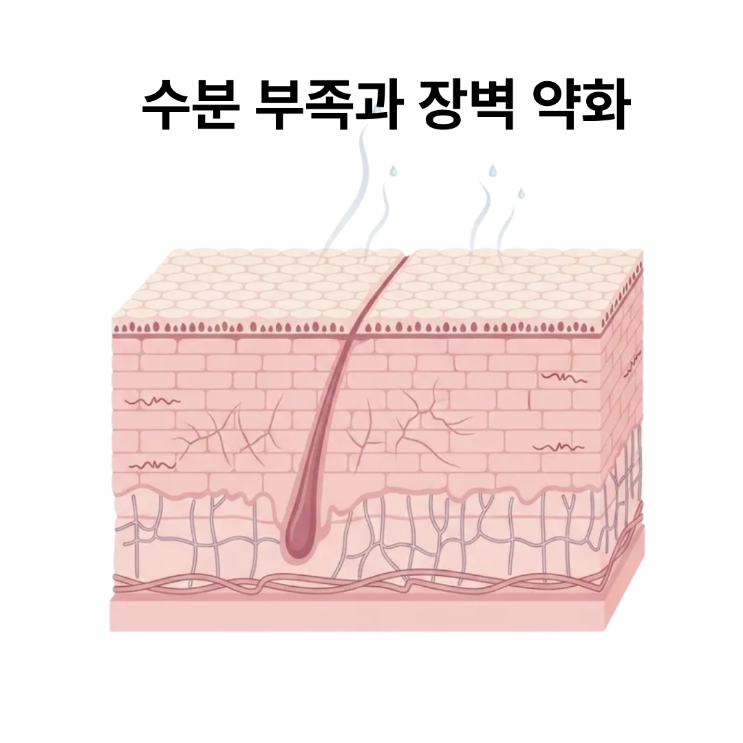 수분 부족과 장벽 약화, 주름을 나타내는 피부 단면 일러스트.