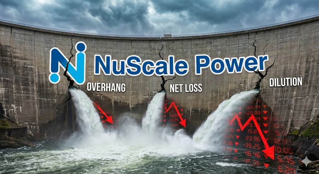 뉴스케일 파워 로고가 새겨진 댐에 세 군데(대주주 매도, 순손실, 유상증자) 균열이 생겨 물(주가)이 걷잡을 수 없이 쏟아져 내리는 모습