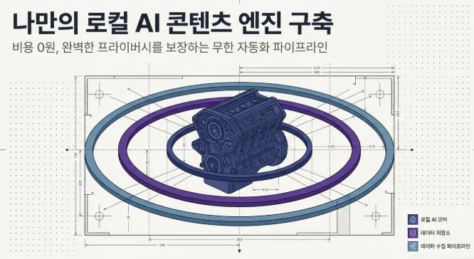 젬마 4 사용법: 나만의 로컬 AI 콘텐츠 엔진 구축이라는 제목과 비용 0원 완벽한 프라이버시를 보장하는 무한 자동화 파이프라인이라는 부제가 포함된 대표 이미지. 로컬 AI 코어를 중심으로 데이터 저장소와 데이터 수집 파이프라인이 동심원으로 연결된 엔진 구조를 시각화하여 젬마 4와 옵시디언 그리고 텔레그램으로 구축하는 AI 콘텐츠 자동화 시스템의 핵심 구조를 전달함 (Gemma 4 Obsidian Telegram local AI content automation pipeline)