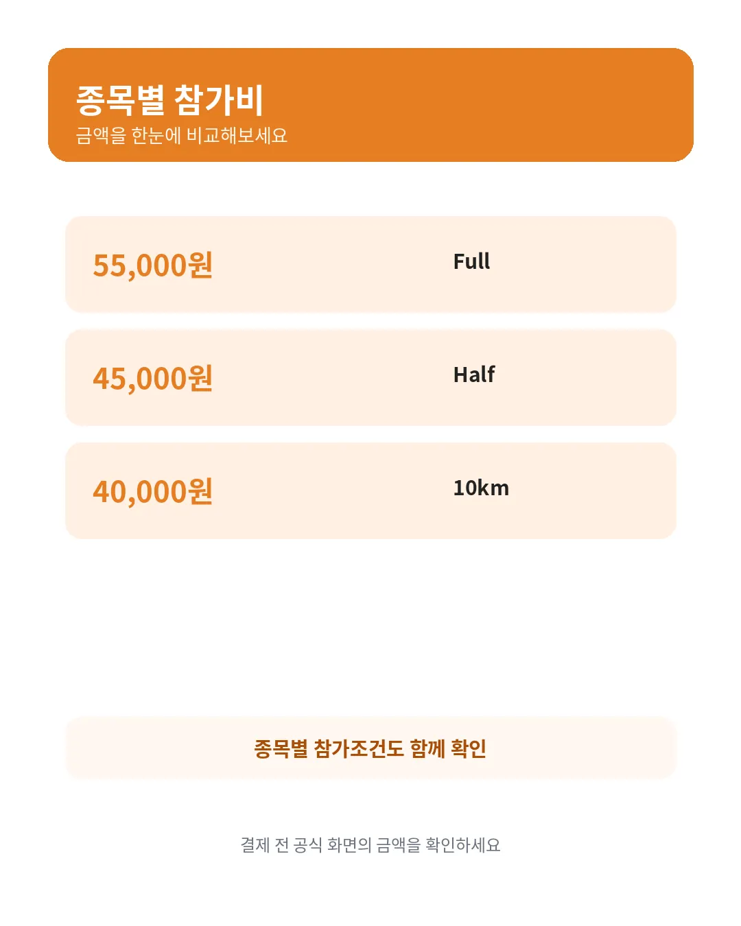 제주감귤마라톤 풀 하프 10km 종목별 참가비
