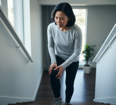 50대 여성이 계단을 오르다가 약해진 무릎 때문에 걱정하고 있다