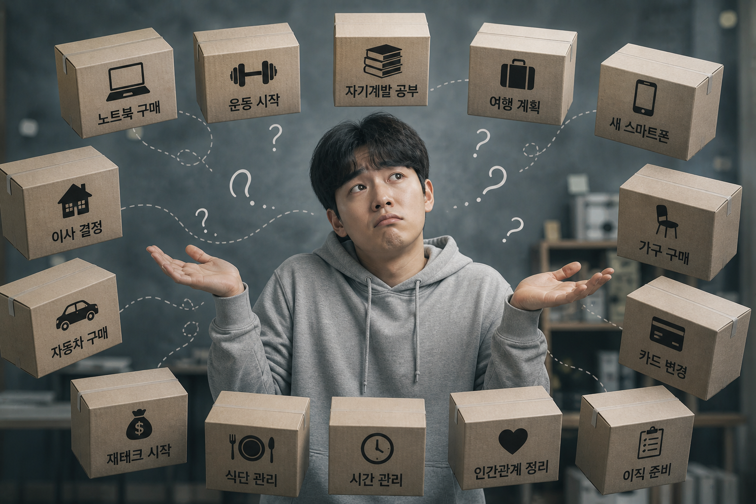 여러 선택지를 앞에 두고 고민하는 모습