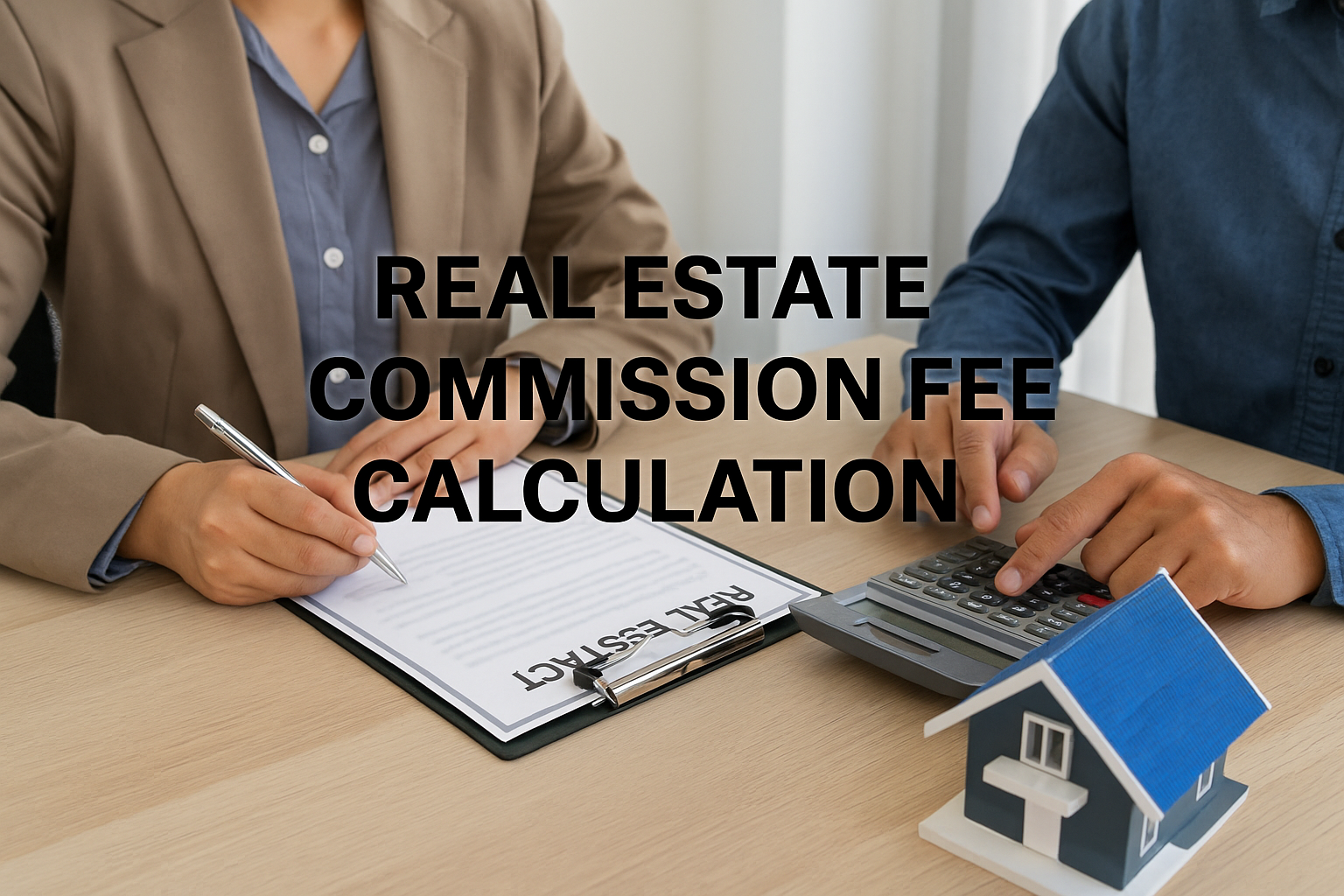 부동산 중개 수수료 계산을 상징하는 계산기와 계약서