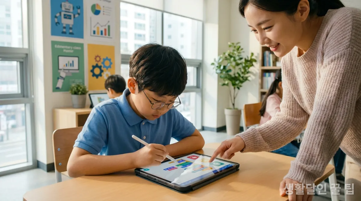 태블릿으로 디지털 콘텐츠를 능동적으로 만드는 한국인 초등학생