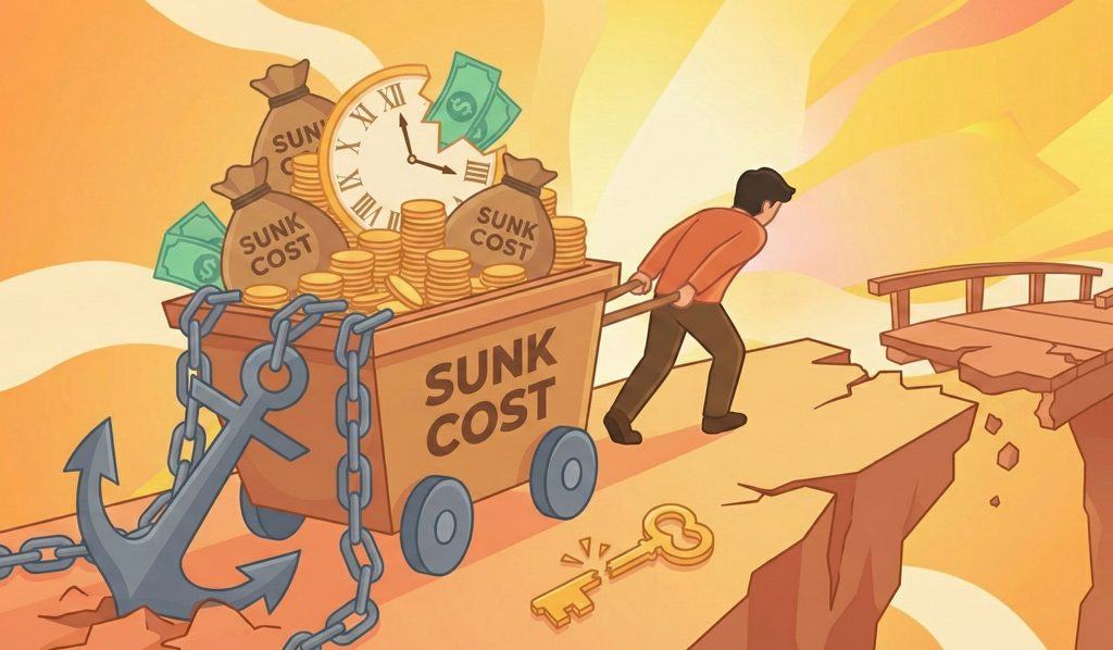 끊어진 다리 앞에서 'SUNK COST'가 적힌 무거운 황금 수레와 닻을 끌며 고뇌하는 사람을 통해 표현한 매몰 비용 오류
