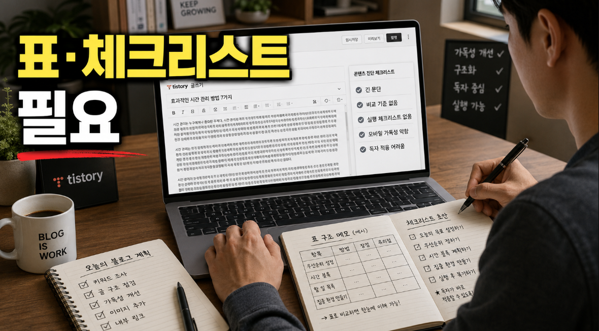 긴 문단만 있는 티스토리 정보성 글에 표와 체크리스트를 추가해야 하는 상황 이미지
