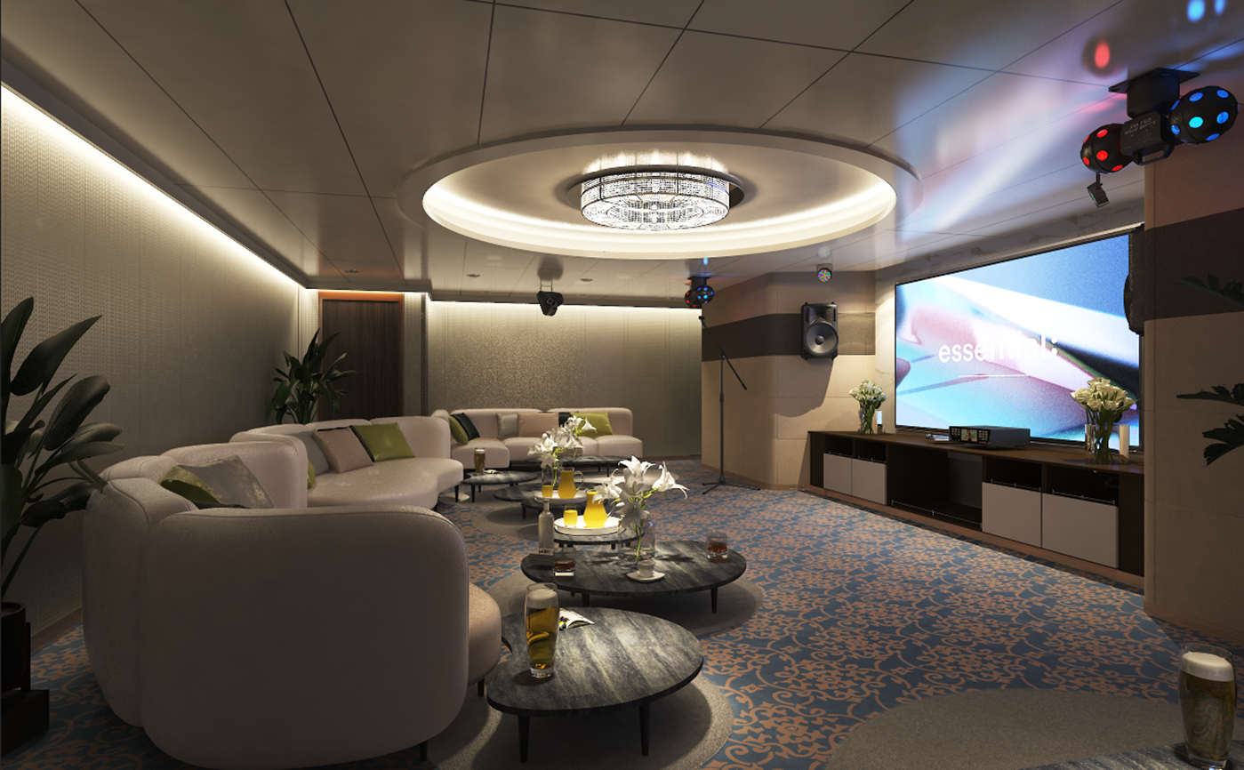 “팬스타미라클호의 세미나 및 프라이빗 라운지 공간. 반원 형태의 소파와 쿠션이 아늑하게 배치되어 있고, 가운데에는 음료와 꽃이 놓인 원형 테이블이 여러 개 있다. 전면에는 대형 스크린과 음향 장비, 마이크가 설치되어 있으며 천장 조명과 벽면 간접조명이 고급스러운 분위기를 연출한다.”
