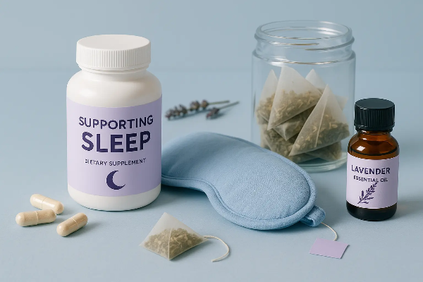 수면을 위한 영양제, 허브티백, 라벤더 에센셜 오일, 수면 안대가 깔끔하게 배치된 스튜디오 컷