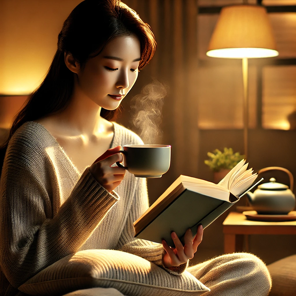 차분한 조명 속 허브차를 마시며 책을 읽는 장면