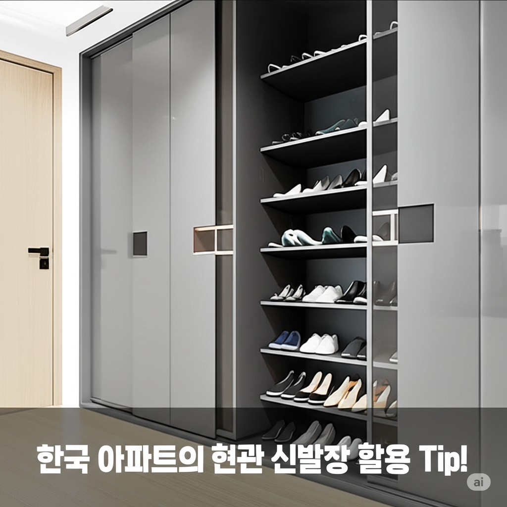 한국 아파트 현관의 붙박이 신발장을 최대한 활용하기 위한 정리 노하우를 시각적으로 설명한 인포그래픽
