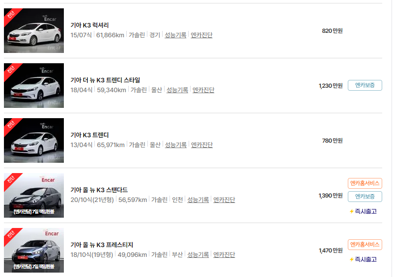 기아 K3 중고차 가격 시세표 24년10월