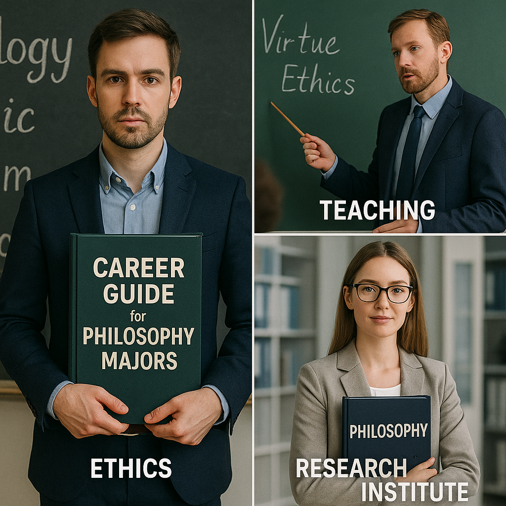 철학과 진로로서 윤리학, 교육직, 연구소 진출을 상징하는 세 명의 직장인. 각 인물은 관련 서적을 들고 있으며 교실, 강의실, 연구소를 배경으로 하고 있다