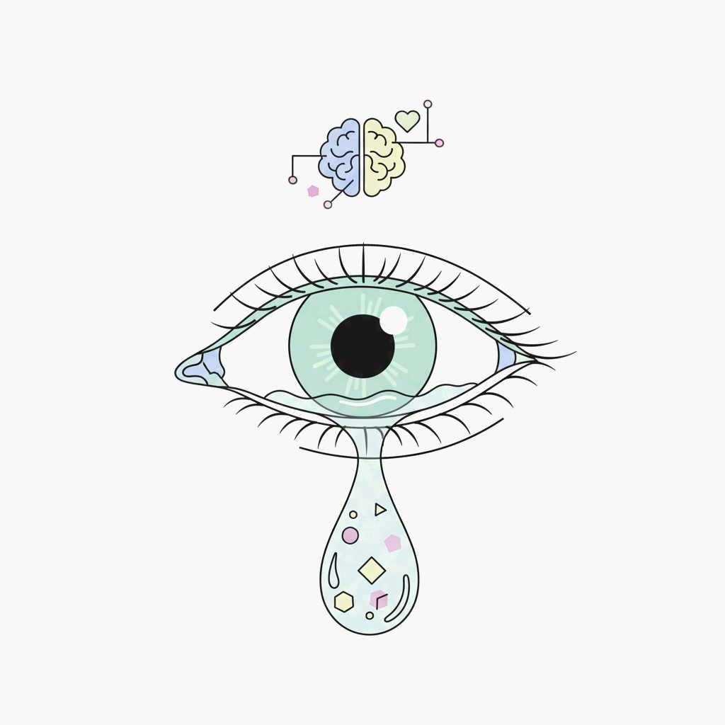 눈물의 구성과 감정의 화학적 반응을 상징적으로 표현한 일러스트레이션
