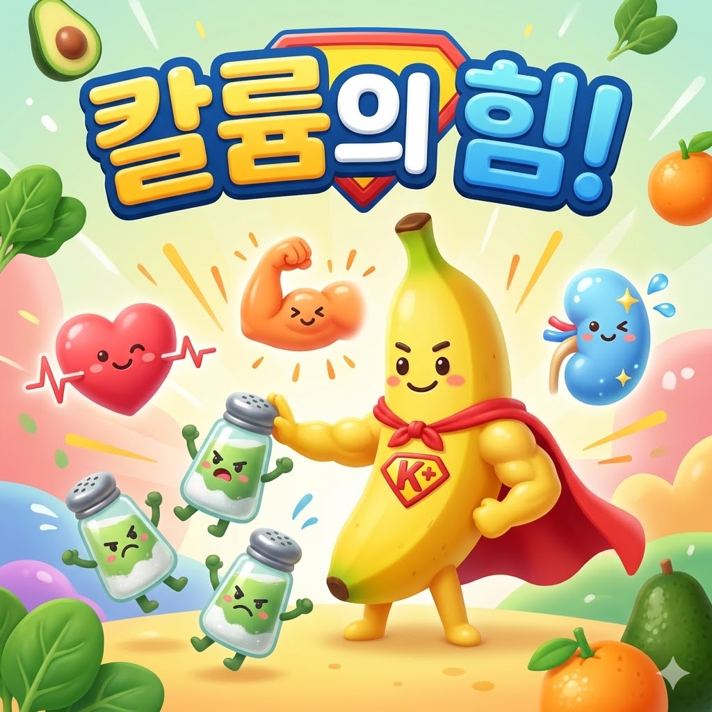 활기찬 바나나 캐릭터가 나트륨을 밀어내고 심장, 근육, 신장 건강을 지키는 3D 카툰 일러스트. '칼륨의 힘!'이라는 한글 문구가 포함되어 있다.