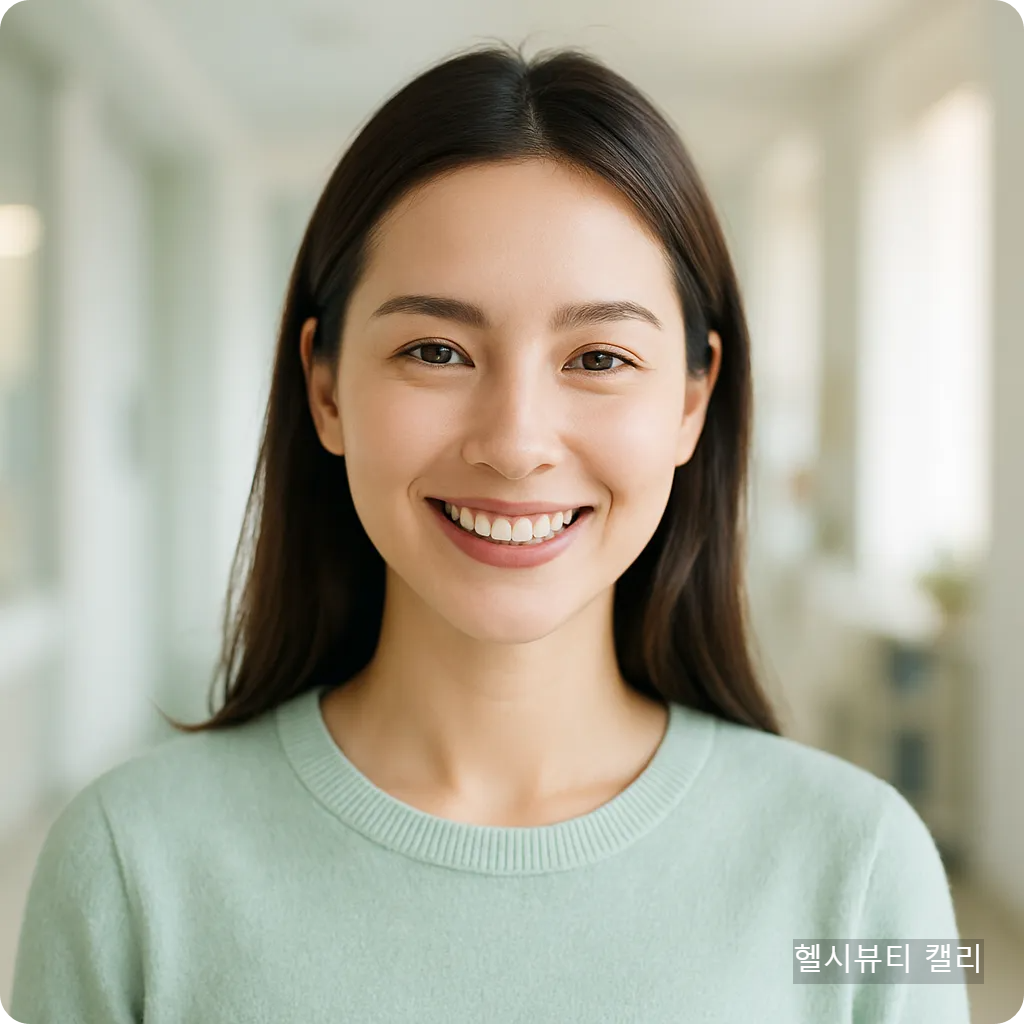 환한 병원 공간에서 밝게 웃는 젊은 여성