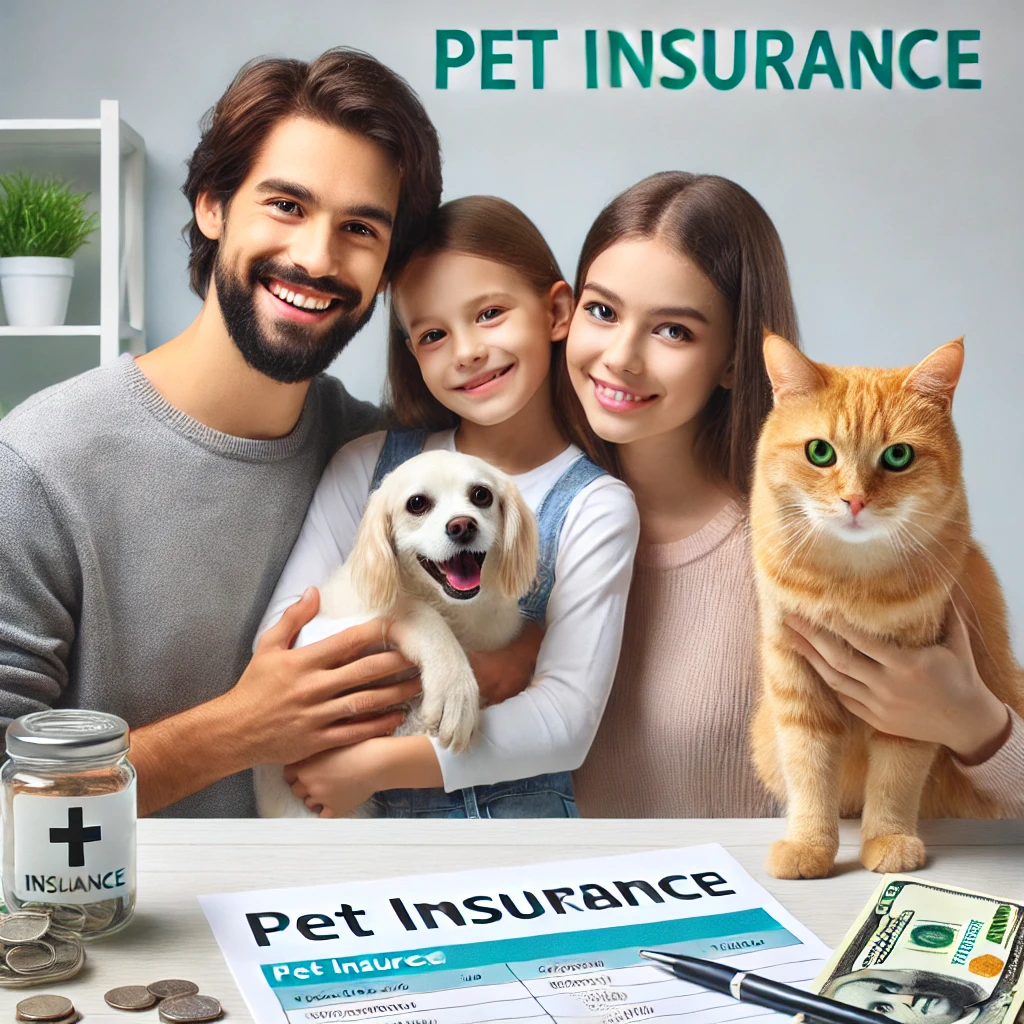 사람가족과 함께 있는 고양이와 강아지 보험광고