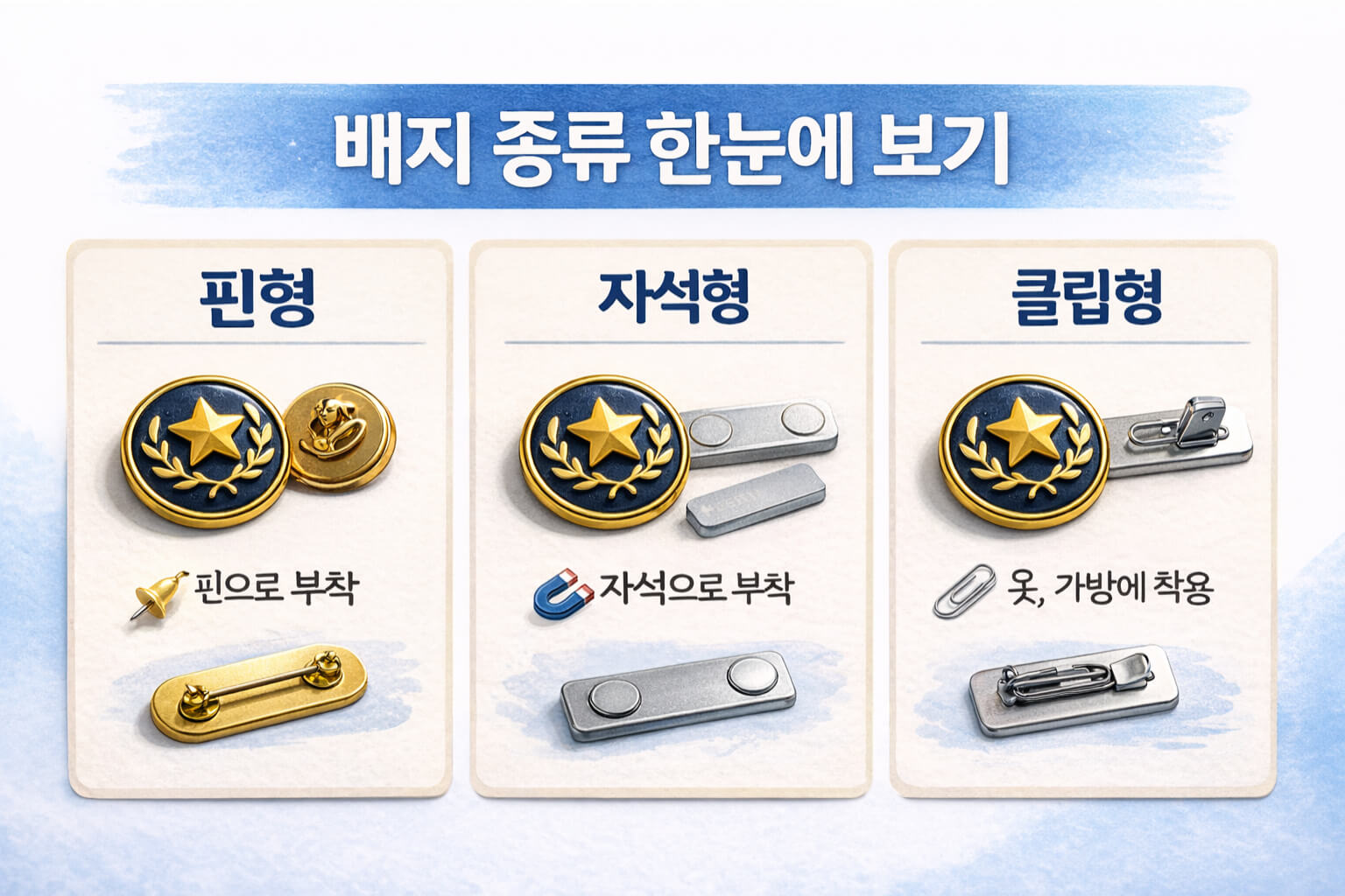 배지 제작용 배지 종류 3분류: 핀형 자석형 클립형의 부착 방식 비교