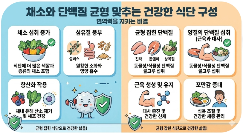 채소와 단백질 균형 맞추는 건강한 식단 이미지