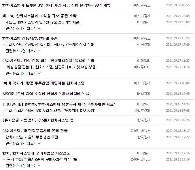 한화시스템 뉴스, 공시