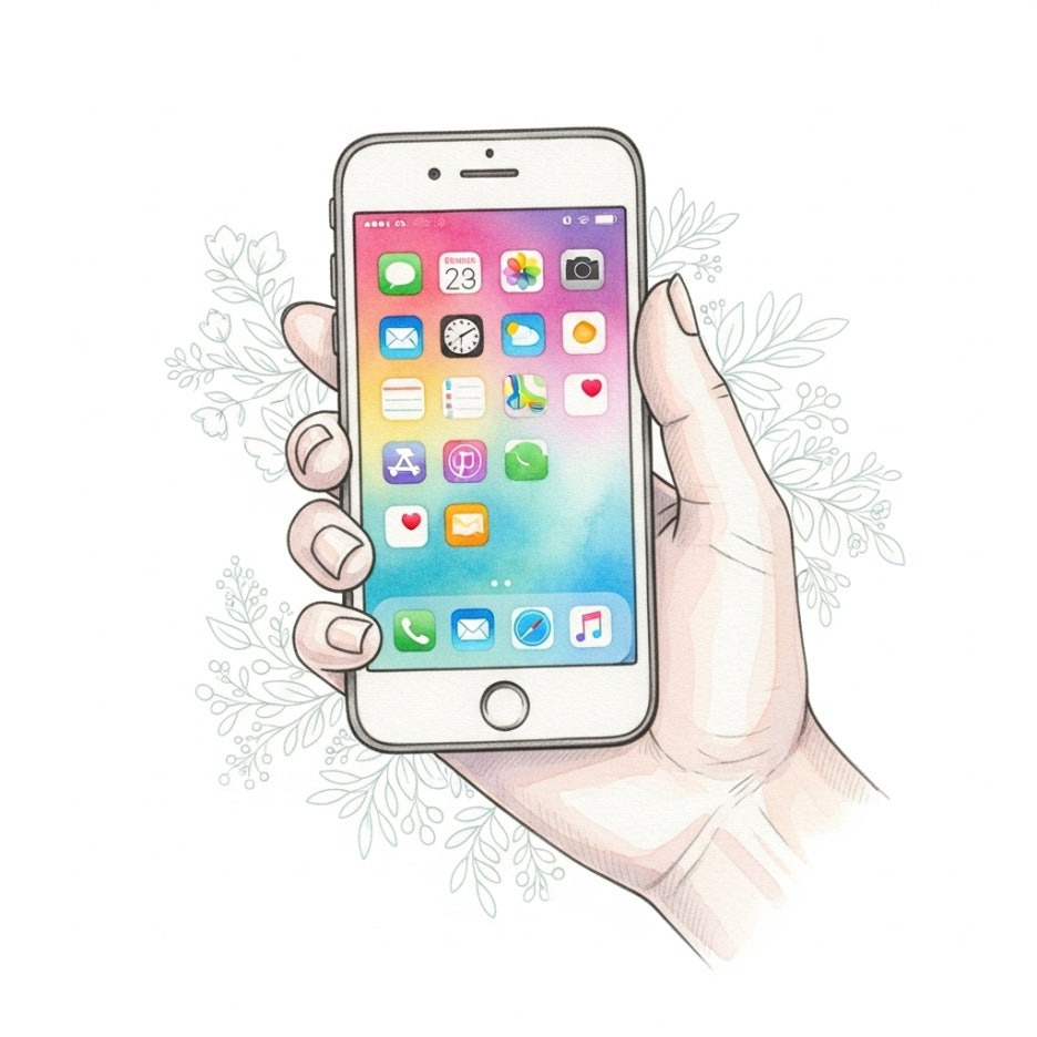 스마트폰 앱을 확인하는 모습을 담은 감성적인 수채화