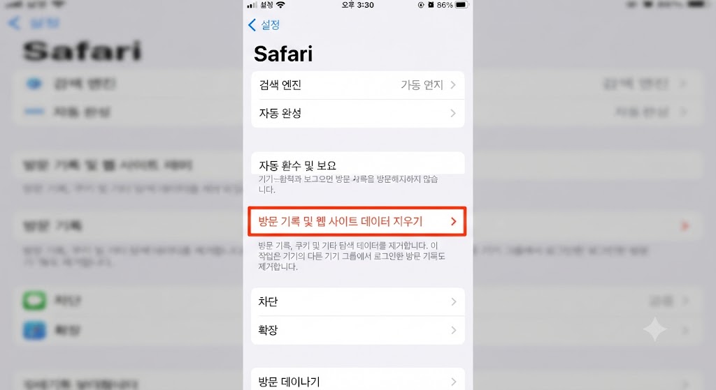 아이폰 설정 앱의 Safari(사파리) 메뉴 화면 스크린샷. 화면 중간에 '방문 기록 및 웹 사이트 데이터 지우기' 옵션이 붉은색 글씨로 강조되어 있으며, 이를 통해 웹사이트 데이터와 쿠키를 삭제해 저장 공간을 확보할 수 있음을 보여줍니다.