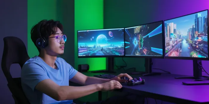RGB 불빛 아래서 듀얼모니터로 몰입감 있게 게임하는 장면