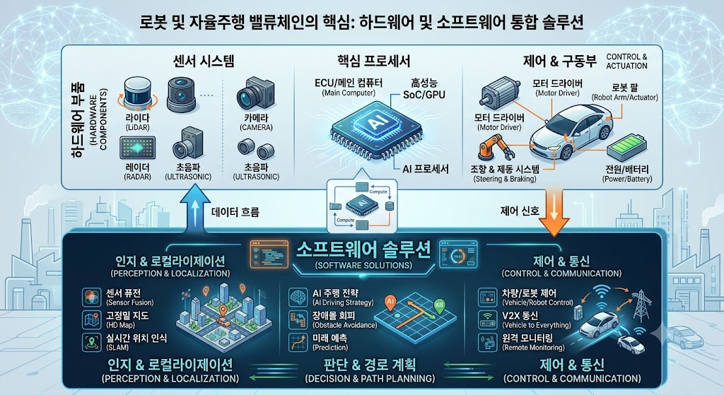 로봇 부품 및 자율주행 센서 구조를 보여주는 다이어그램
