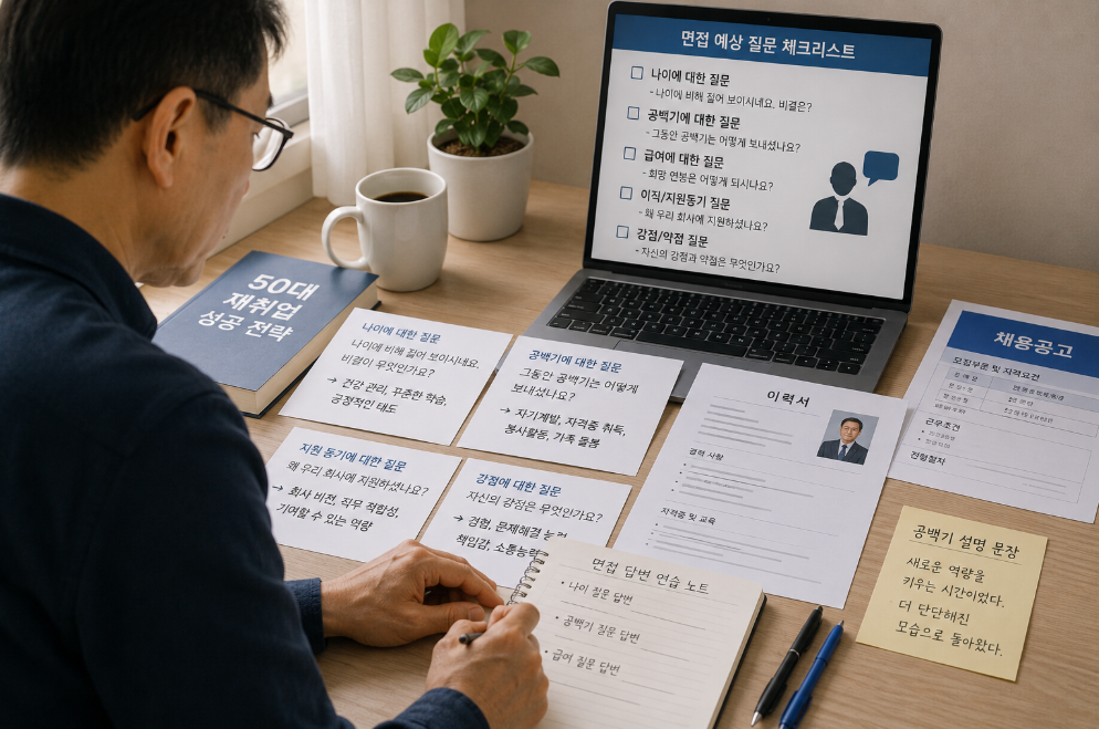중장년 구직자가 재취업 면접 예상 질문과 경력 공백 답변을 정리하는 장면