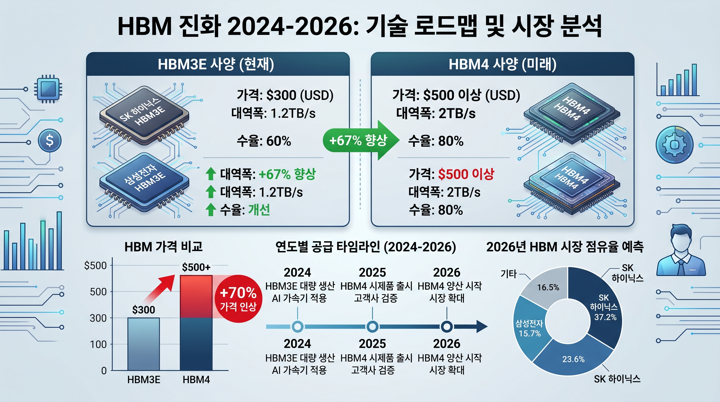 HBM3E vs HBM4 기술 스펙 및 가격 비교 - 대역폭 67% 증가, 수율 33% 개선, 단가 100% 인상