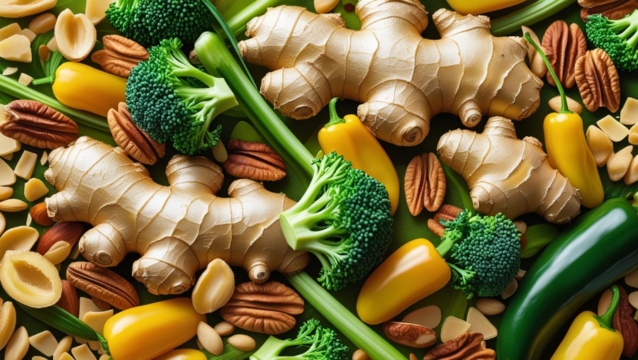 천식 예방 식품 콜라주: 생강·견과류·녹황색 채소