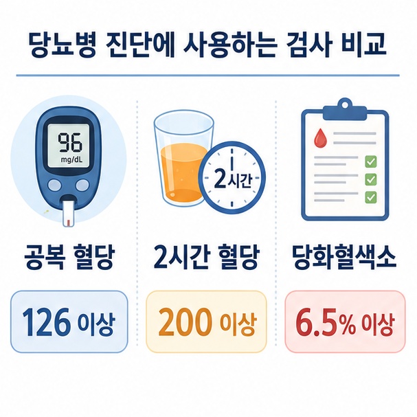 공복 혈당, 2시간 혈당, 당화혈색소의 당뇨병 진단 기준 비교