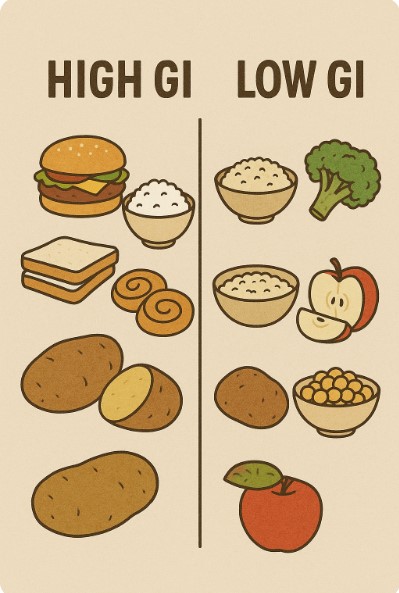 고 GI vs 저 GI 음식 비교 이미지