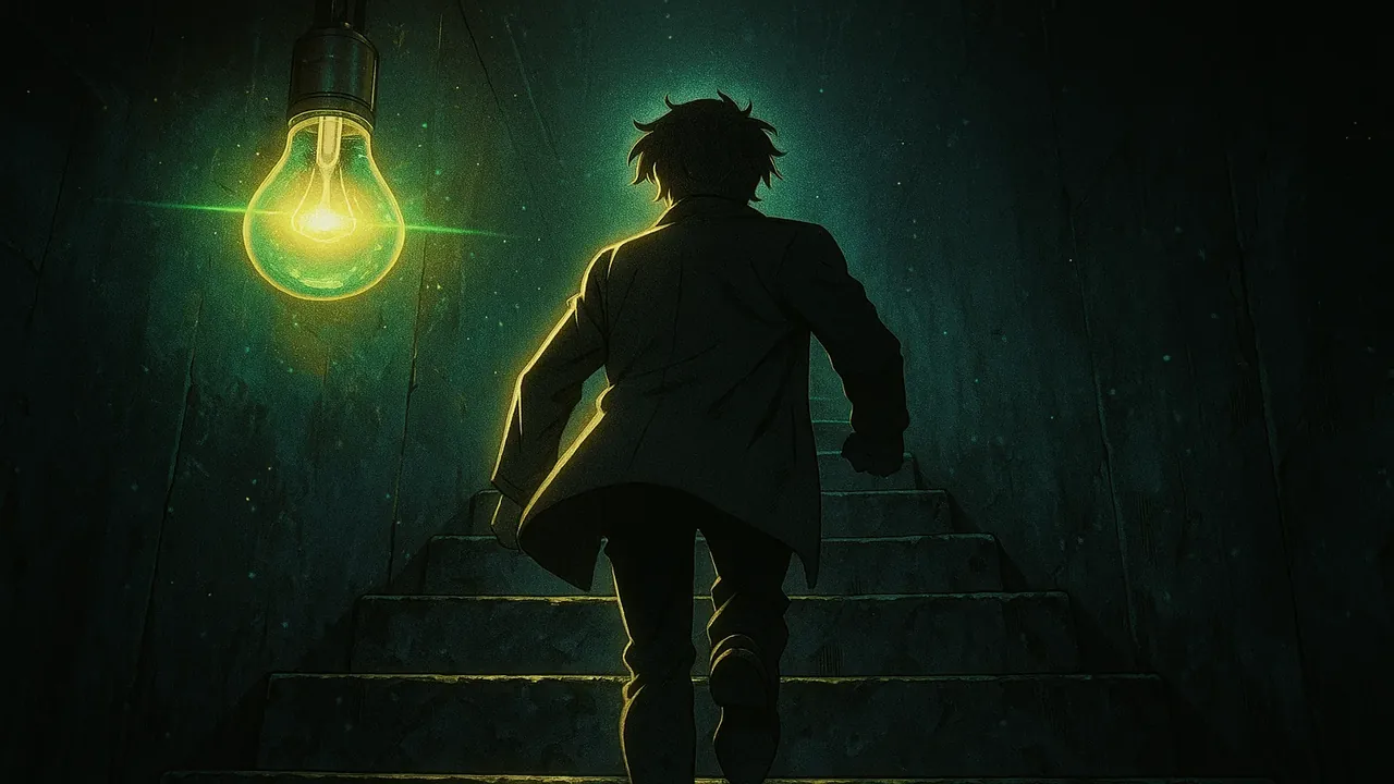 어둠 속에서 빛나는 전구와 계단을 오르는 사람의 실루엣으로 희망과 성장을 상징하는 감성적인 이미지