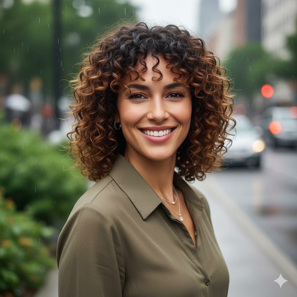 습한 날씨에도 차분하게 정돈된 레이어드 곱슬머리 스타일을 한 여성이 미소 짓는 고화질 사진