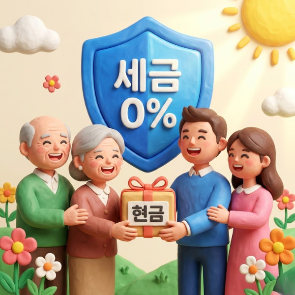 자녀에게 현금 증여 시 증여세 면제 한도를 설명하는 부모님과 세금 0원 방패 이미지