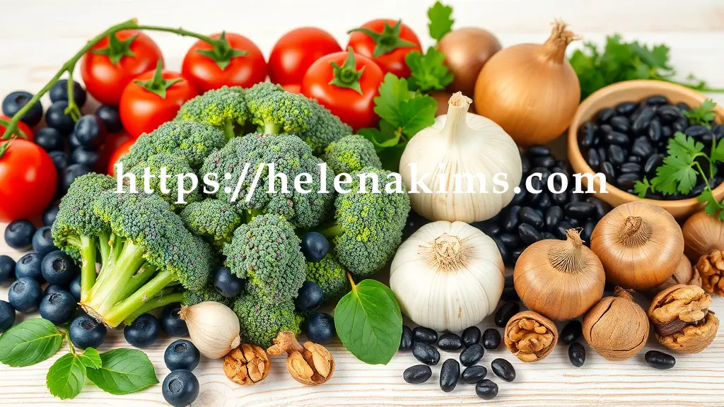 흰색 배경의 테이블 위에 신선한 항암 슈퍼푸드들이 정갈하게 놓여있다. 생기 넘치는 블루베리, 브로콜리, 붉은 토마토, 통마늘, 양파, 검은콩, 호두, 표고버섯 등이 건강한 식탁의 풍요로움을 표현한 이미지.